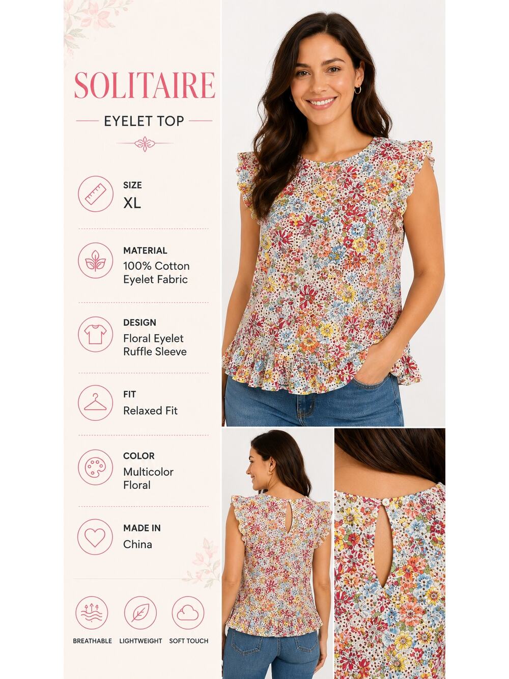 Solitaire XL Floral Eyelet Top Ruffle Sleeve Peplum Blouse Cottagecore